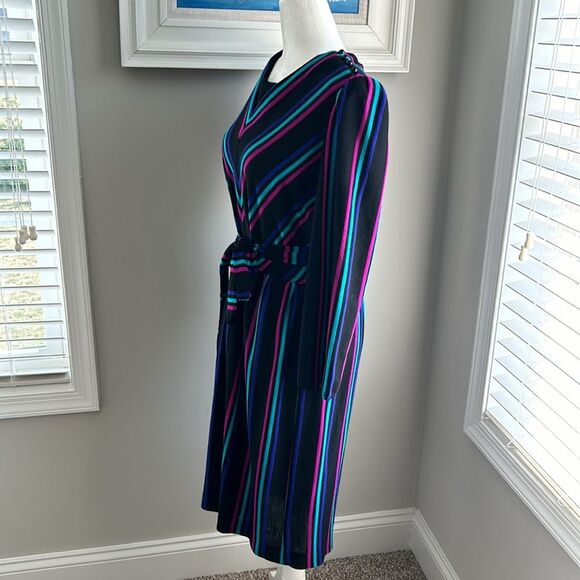 Vintage Sally Petite 80s Longsleeve Black Fit Flare Tie Chevron Striped Dress - Picture 7 of 16